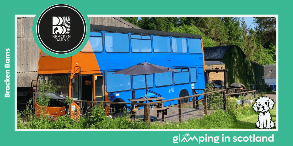 Images is of a repurposed London Double Decker bus in orange and blue to represent the colours of Irn Bru, for a glampsite in Scotland