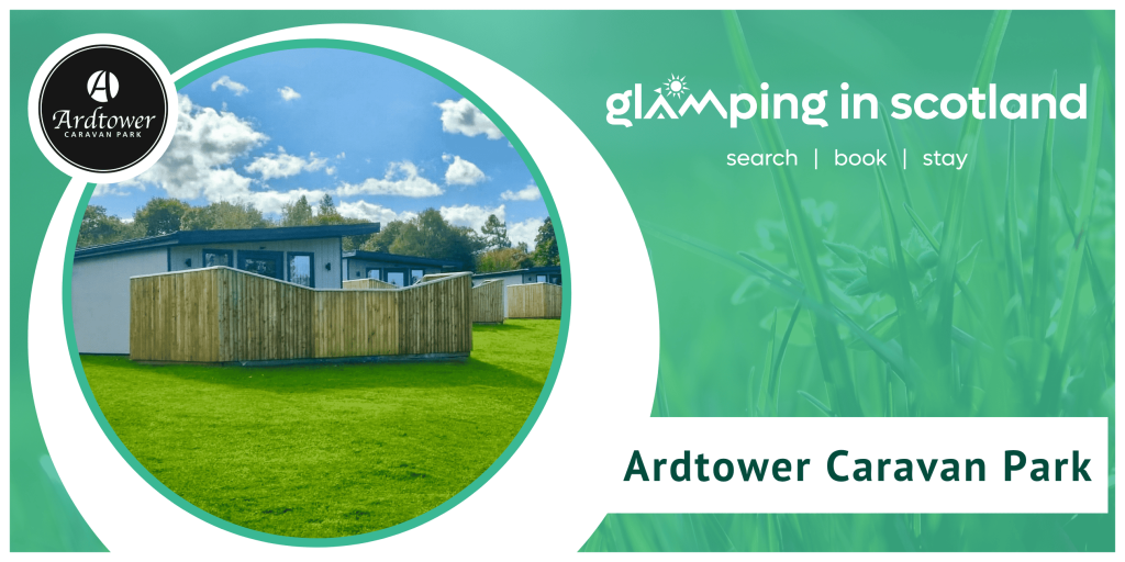Image is of a cabin at Ardtower Caravan Park in the Scottish Highlands